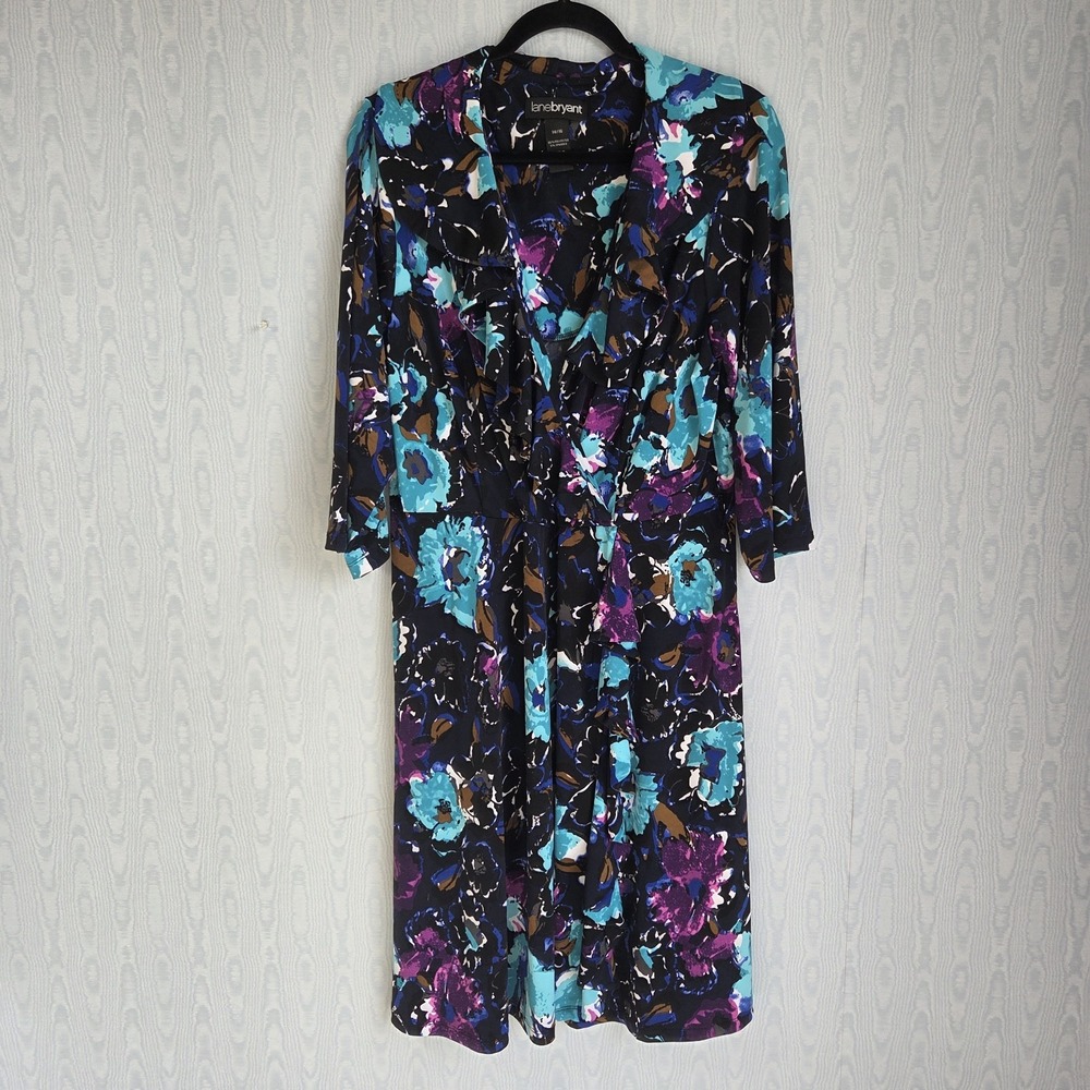 Lane Bryant 14 16 Dress Floral Faux Wrap Midi VNeck Black Blue Career Whimsygoth
